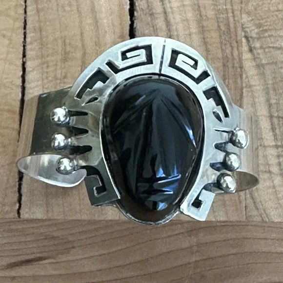 Taxco Cuff Bracelet Sz 6 Adjust Carved Black Onyx‎ Mask Aztec 925 Sterling 44.5g - Picture 9 of 13